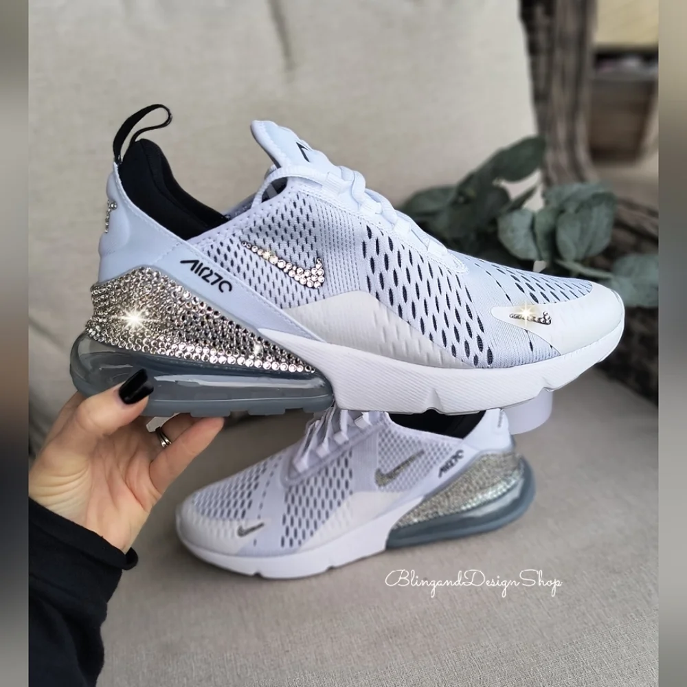Women's Nike Air Max 270 White Sneakers made with Swarovski Crystals Custom - Picture 2 of 7